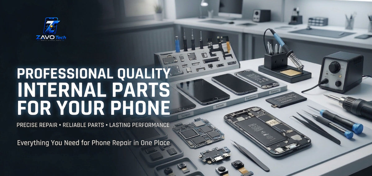 Professional internal phone replacement parts and repair tools on a technician workbench.