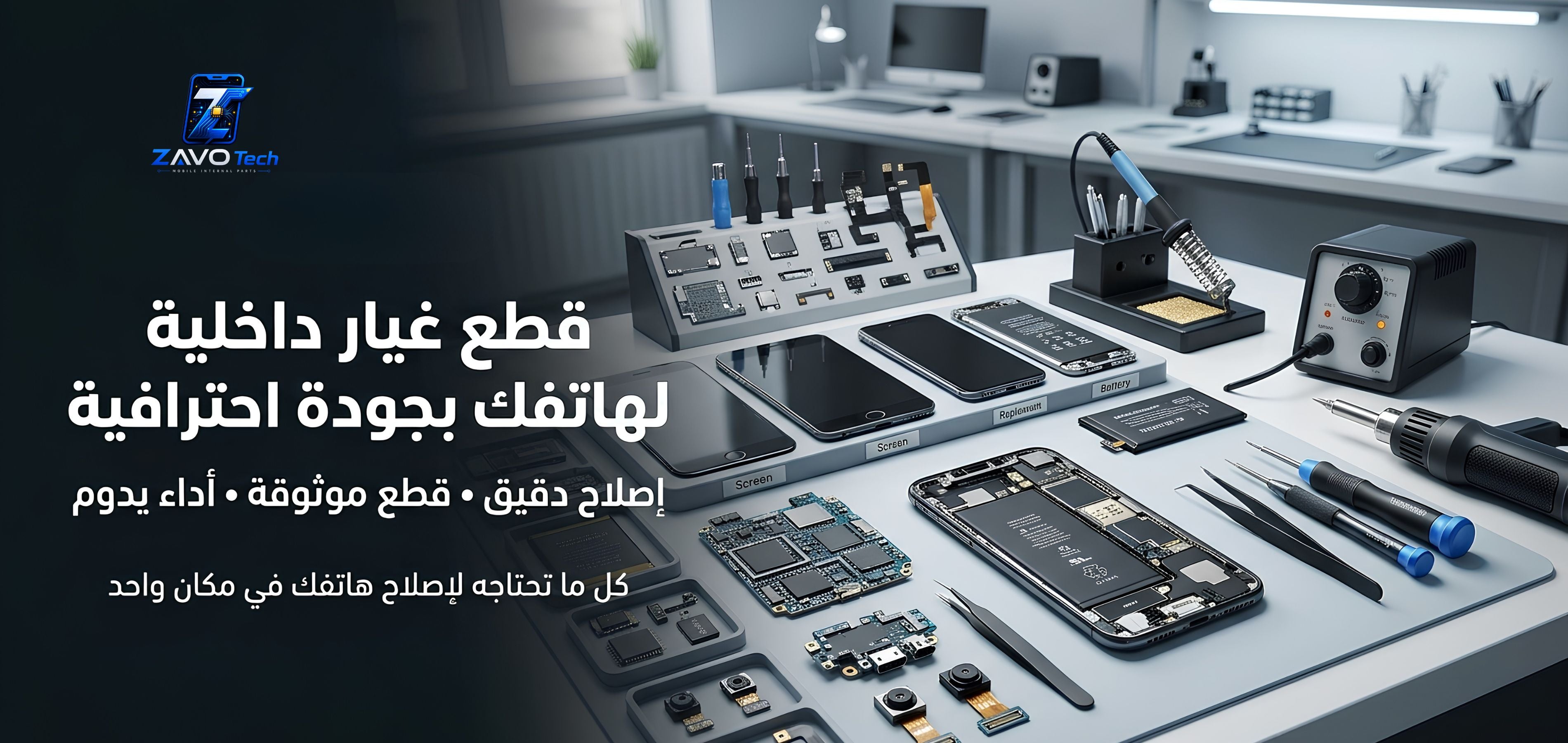Professional smartphone repair workstation with internal spare parts and precision tools.