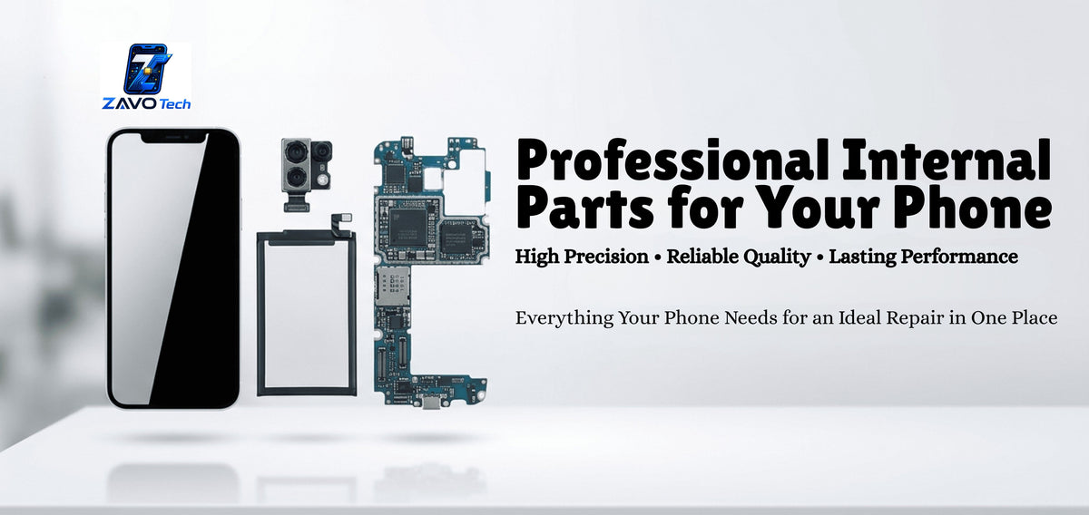 Professional internal phone replacement parts including screen, battery, camera, and motherboard.