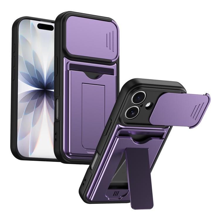 Card Holder Series Sliding Lens Cover, Hybrid PC + TPU Phone Case