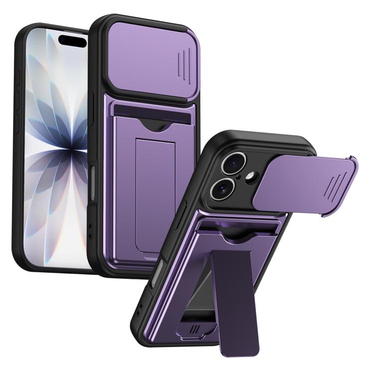 Card Holder Series Sliding Lens Cover, Hybrid PC + TPU Phone Case