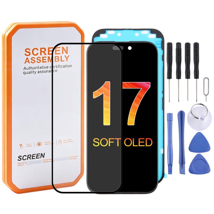 مجموعة شاشة OLED ناعمة بحواف سوداء وملحقات تركيب لهاتف iPhone 17