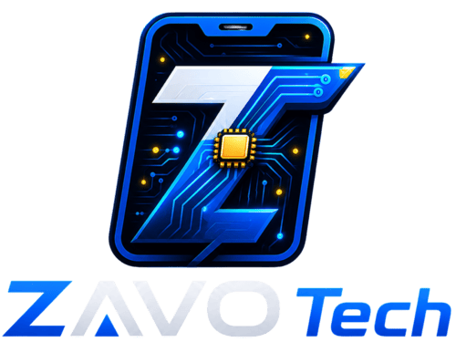 ZAVO Tech logo featuring a stylized letter Z with circuit board patterns on a smartphone silhouette.
